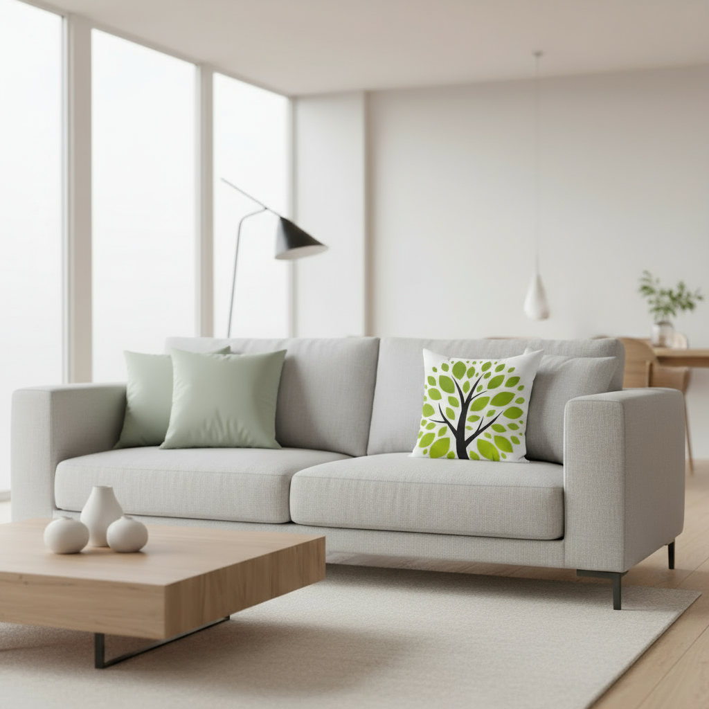 Modern living room with a gray sofa and decorative pillows.