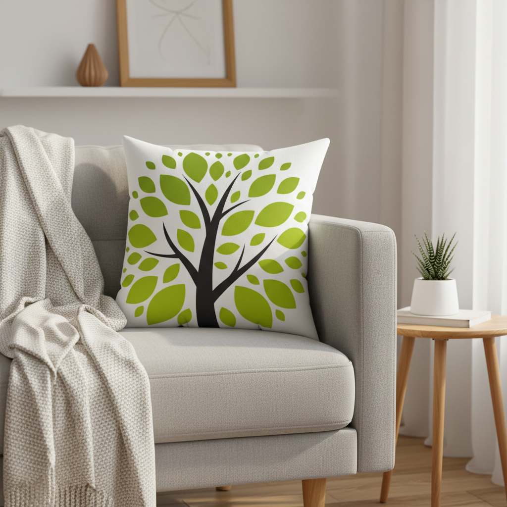 Decorative pillow with a tree design on a gray armchair in a living room setting.