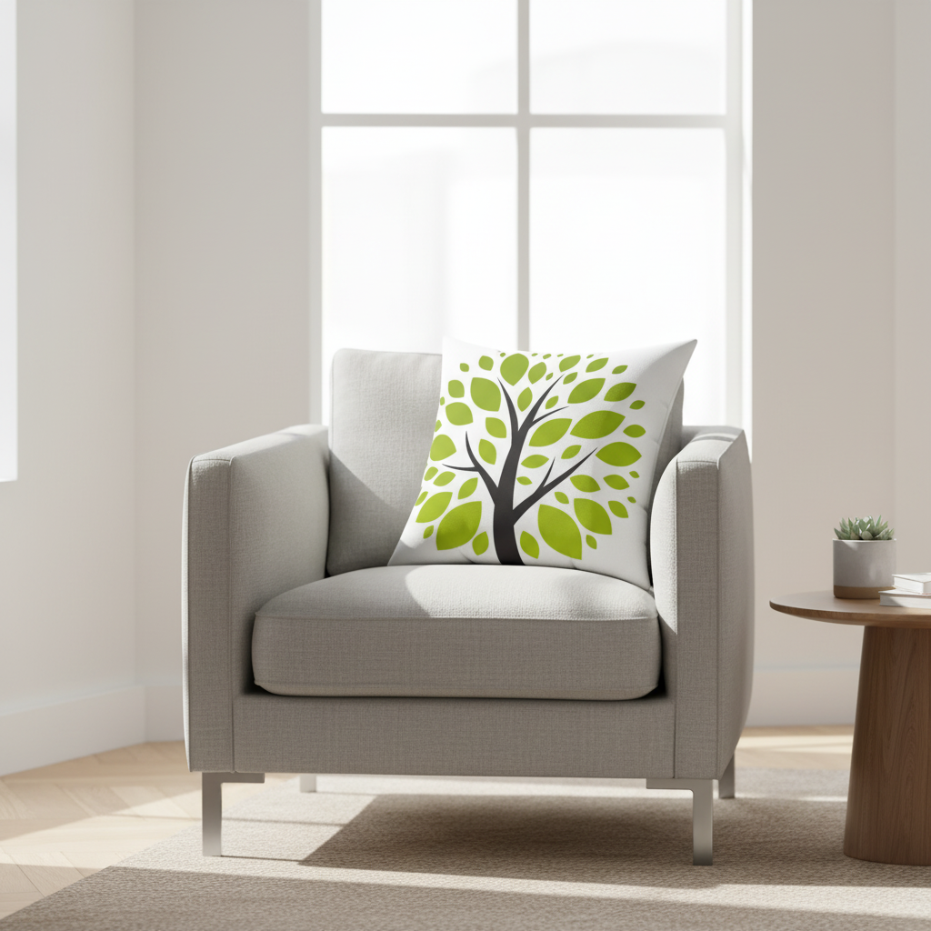 Gray armchair with a decorative pillow featuring a tree design in a bright room.