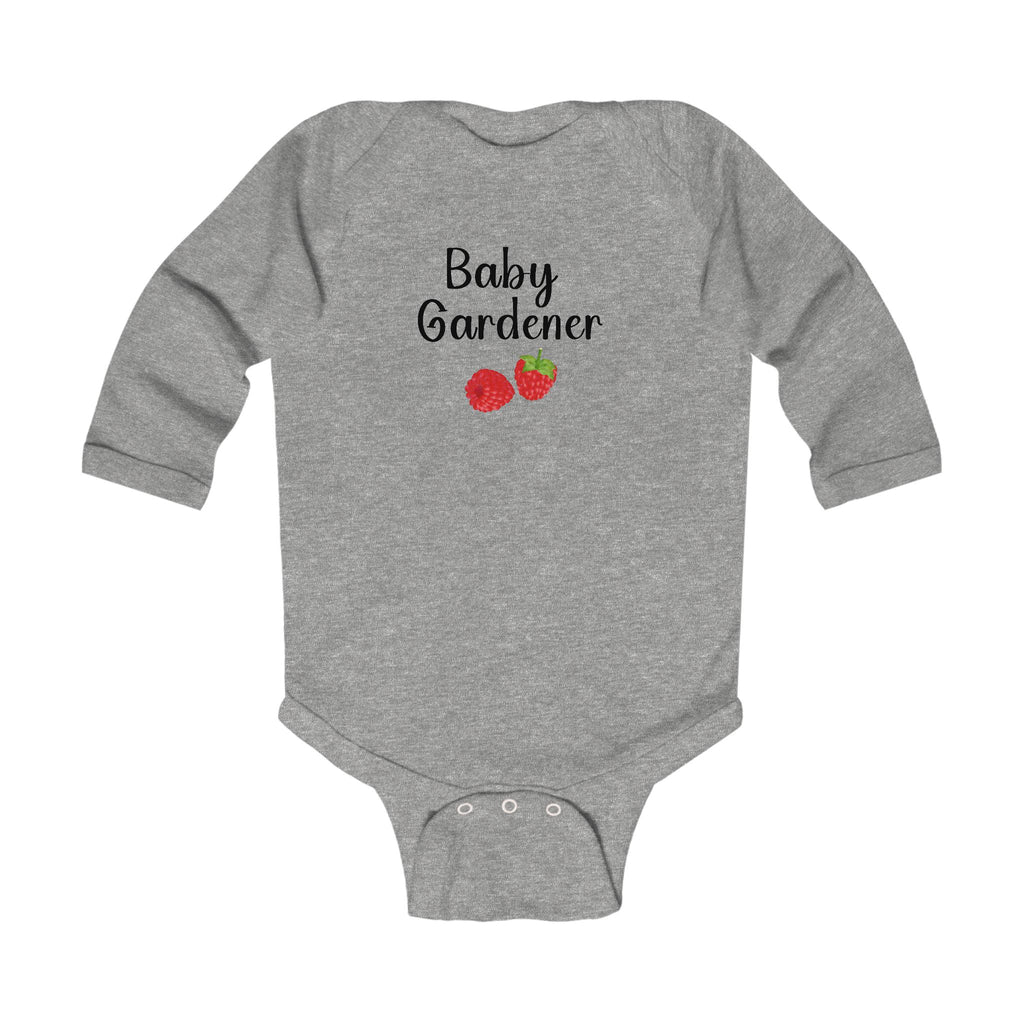 Gray baby onesie with 'Baby Gardener' text and strawberry graphics on a white background