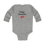 Gray baby onesie with 'Baby Gardener' text and strawberry graphics on a white background