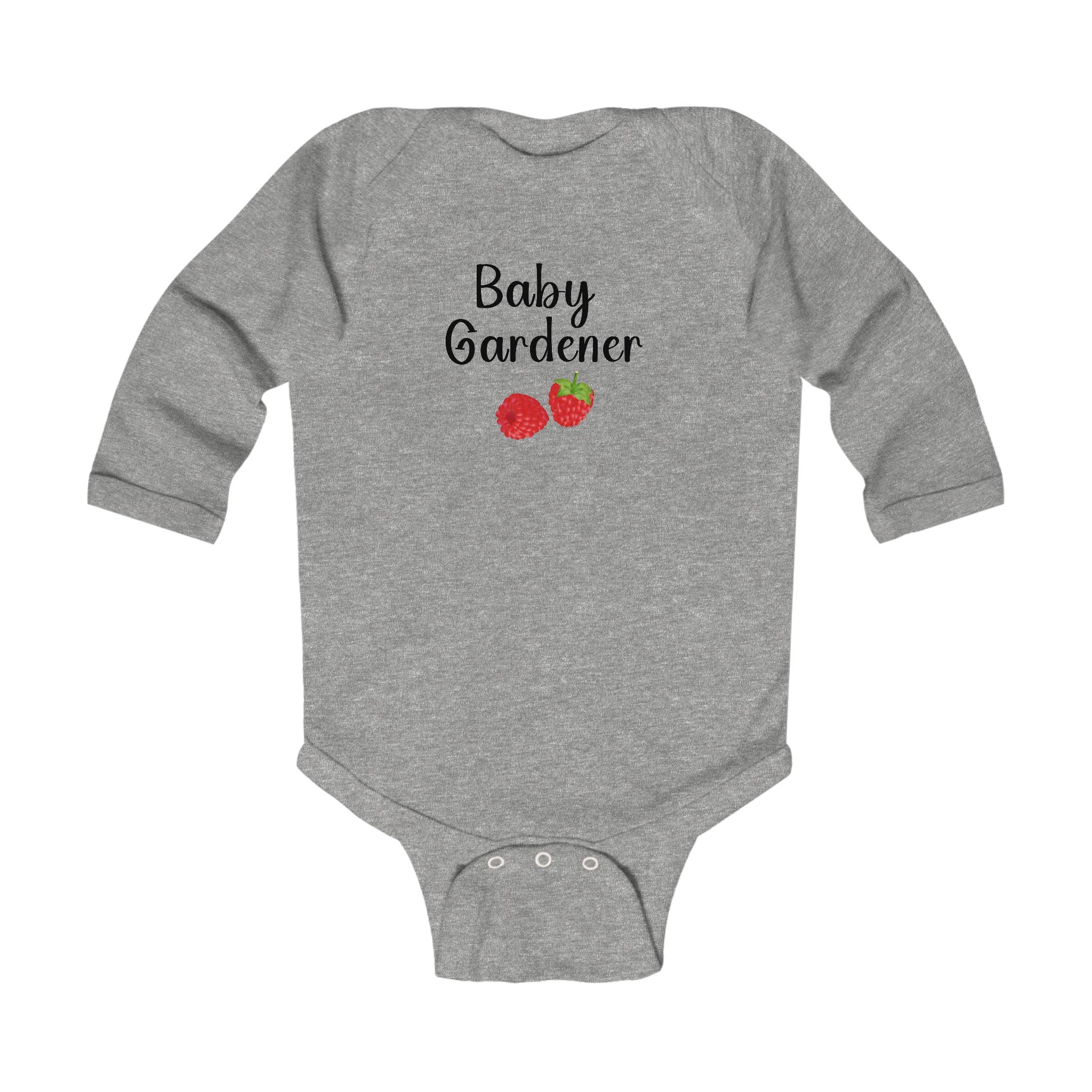 Gray baby onesie with 'Baby Gardener' text and strawberry graphics on a white background