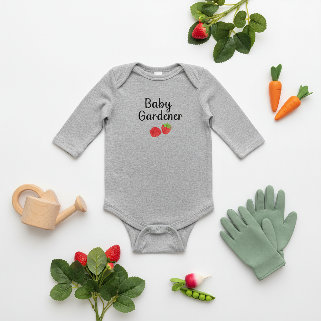 Gray baby onesie with 'Baby Gardener' text, surrounded by gardening-themed items on a white background