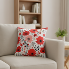 Floral-patterned pillow with red and pink flowers on a white background