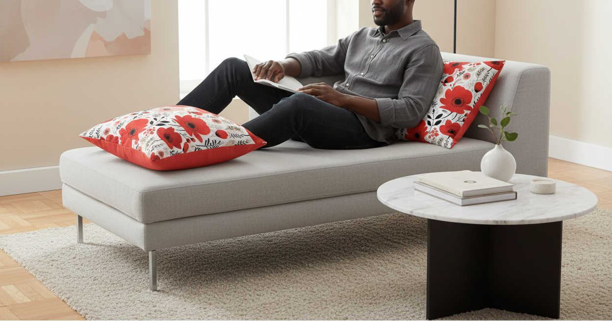 Man sitting on a gray sofa with floral cushions in a living room setting.