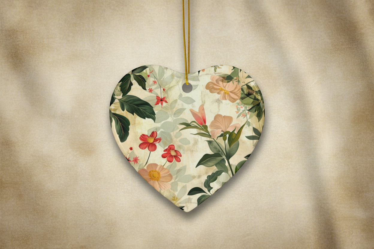 Heart-shaped floral ornament with a gold string on a white background