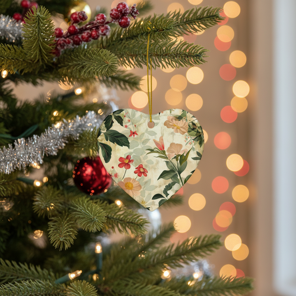 Decorative heart-shaped ornament on a Christmas tree with blurred lights in the background