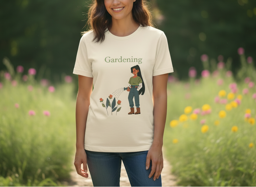 Woman wearing a t-shirt with a gardening graphic in a garden setting