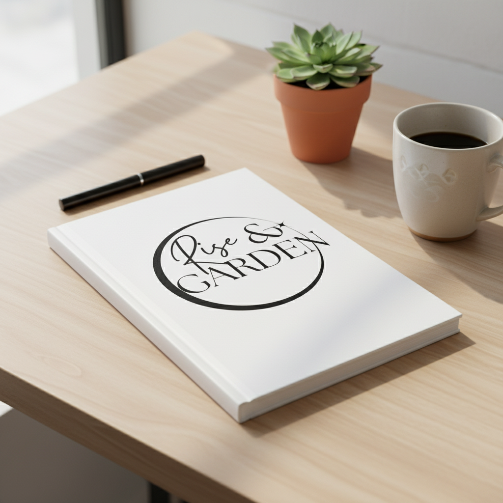 Notebook with 'Live & Garden' logo on a wooden table with a cup of coffee and plant.