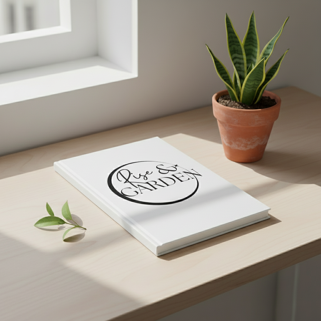 White book with 'The Garden' logo on a wooden surface next to a potted plant.