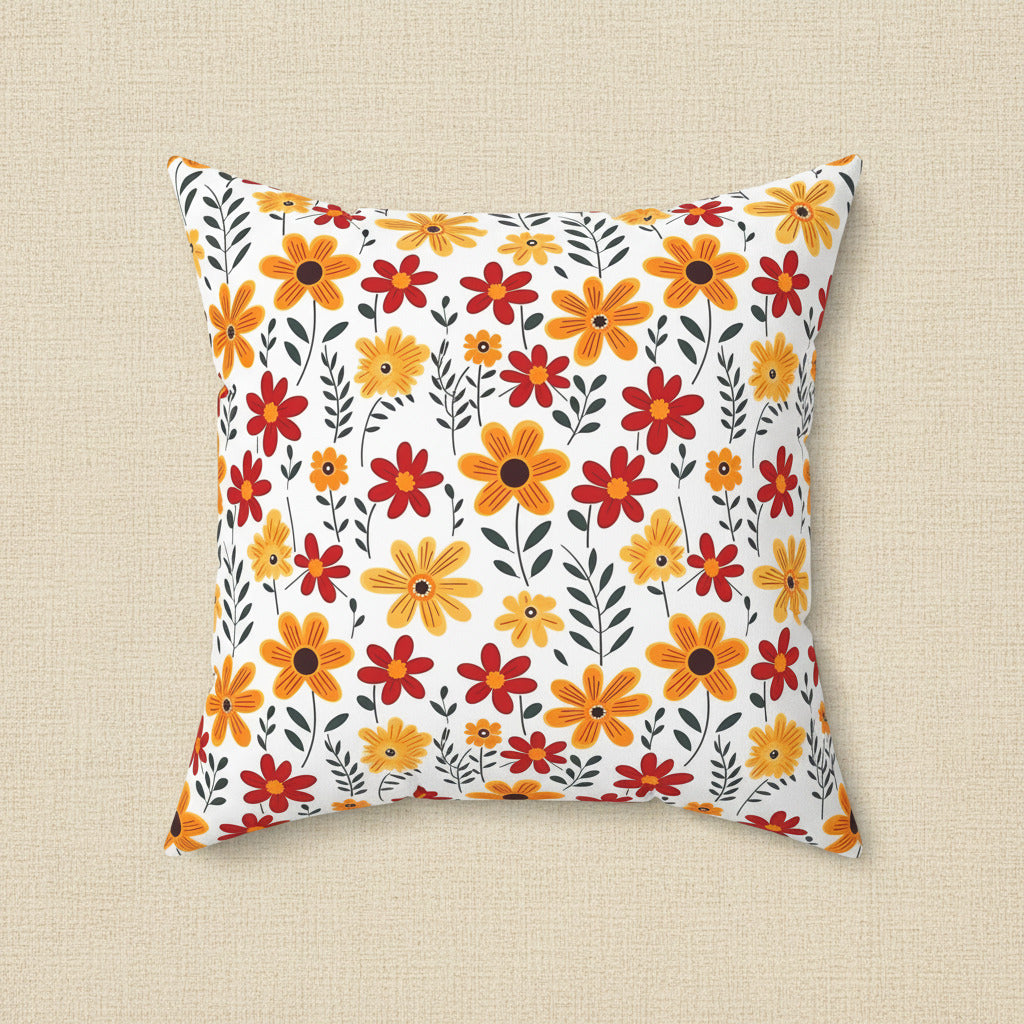 Decorative pillow with a colorful floral pattern on a white background