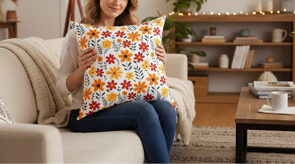 Person holding a floral pillow in a cozy living room