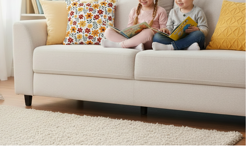 Two children sitting on a beige sofa with colorful pillows, reading books.