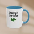 Mug with 'Grandpa Gardener' text and leaf illustration on a beige background