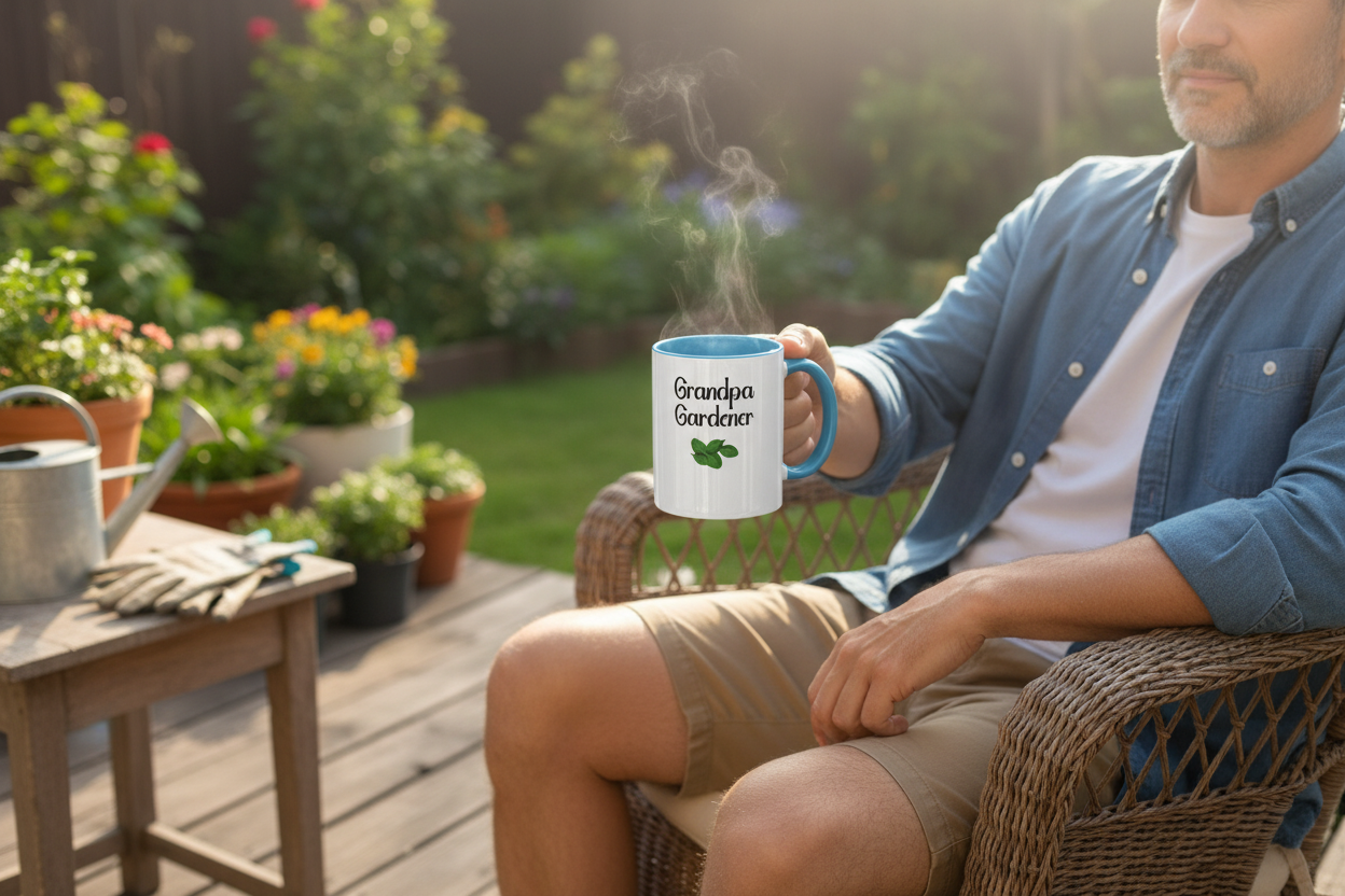 Man sitting outdoors holding a mug with 'Grandpa Gardener' text, surrounded by plants.