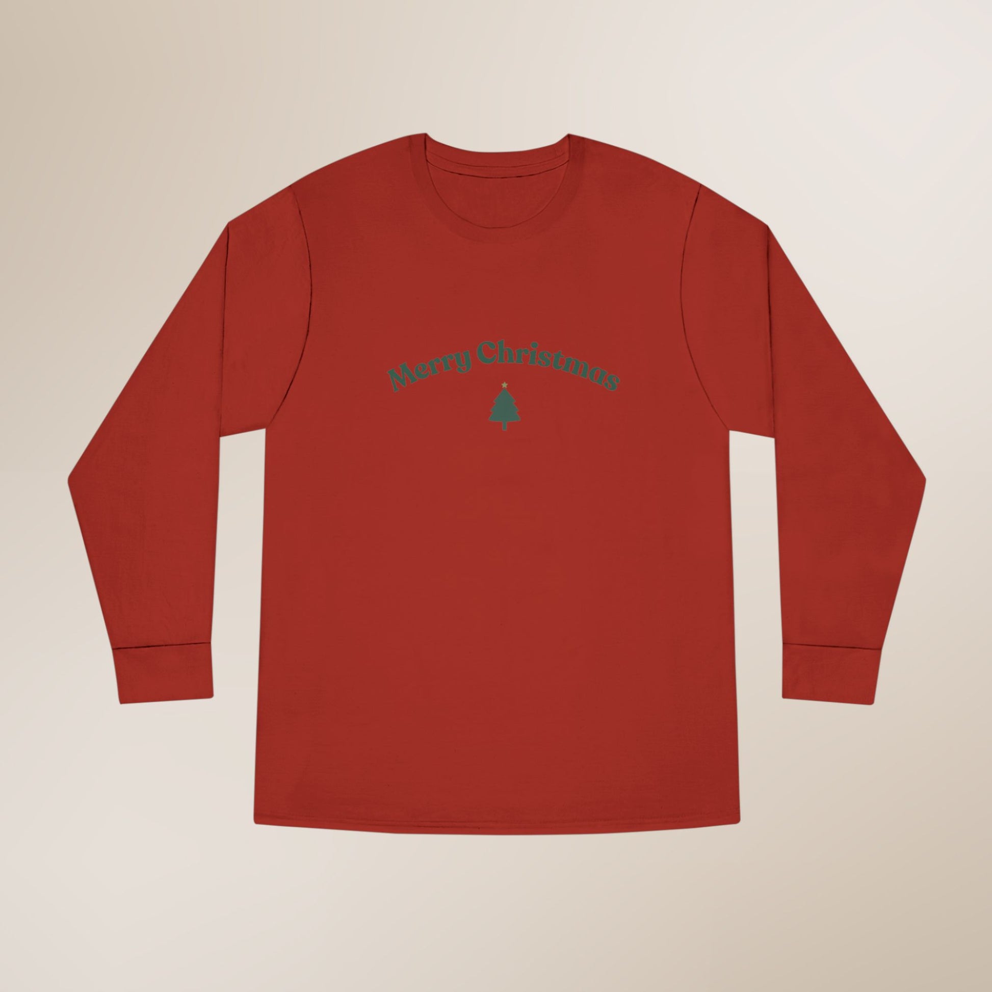 Red long-sleeve shirt with 'Merry Christmas' text on a beige background