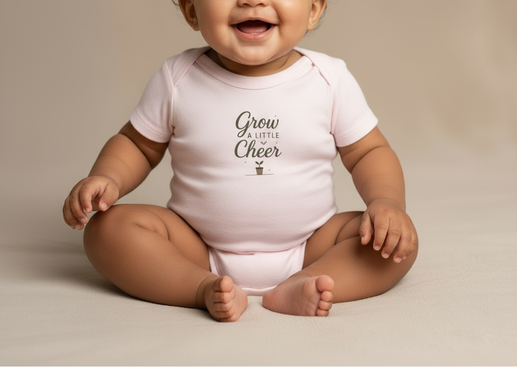 Baby wearing a white onesie with text, sitting on a beige background
