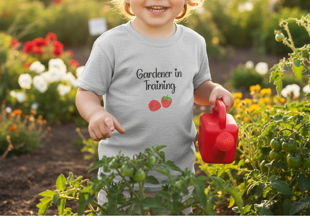 Child in a garden wearing a 'Gardener in Training' shirt, holding a red watering can.