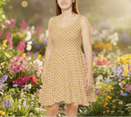 Woman in a yellow dress standing in a field of colorful flowers