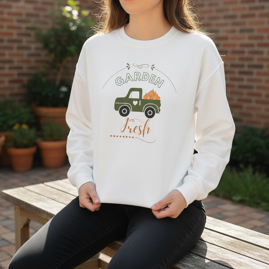 Person wearing a white sweatshirt with a graphic design of a truck and 'Garden Fresh' text, sitting outdoors.