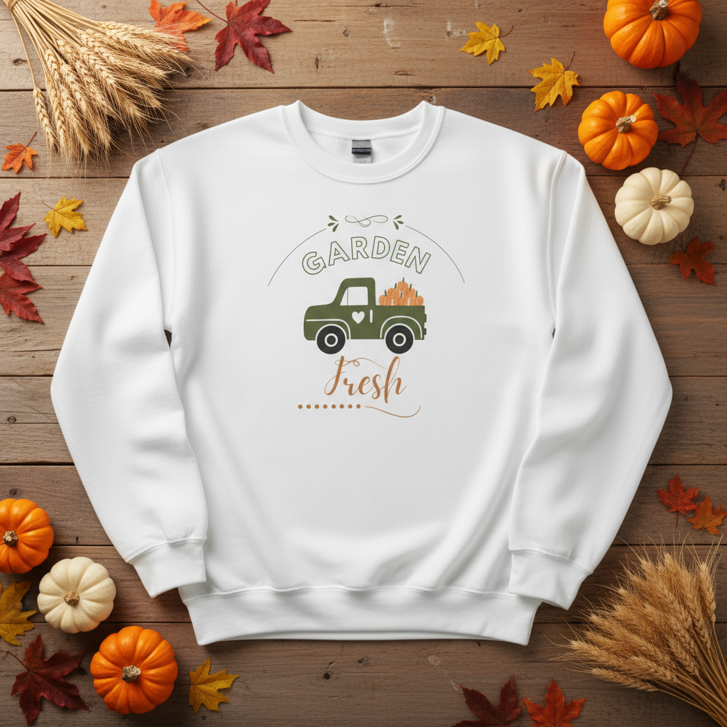 White sweatshirt with a graphic of a truck and 'Garden Fresh' text on a wooden surface with fall decorations.