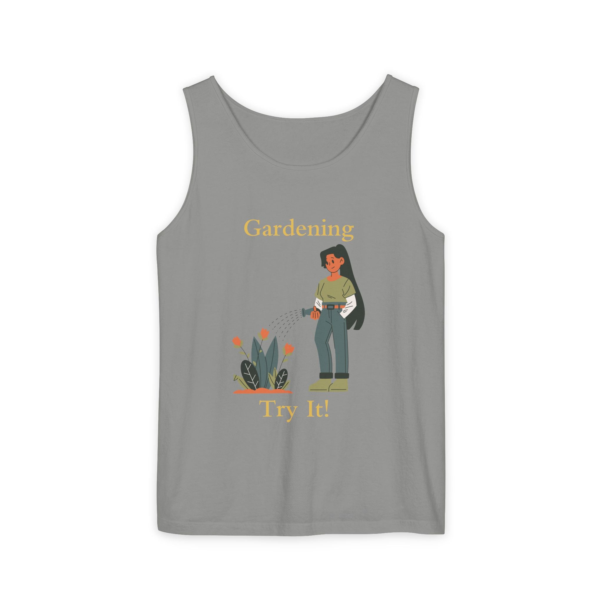 Gray tank top with a graphic of a person gardening and text on a white background