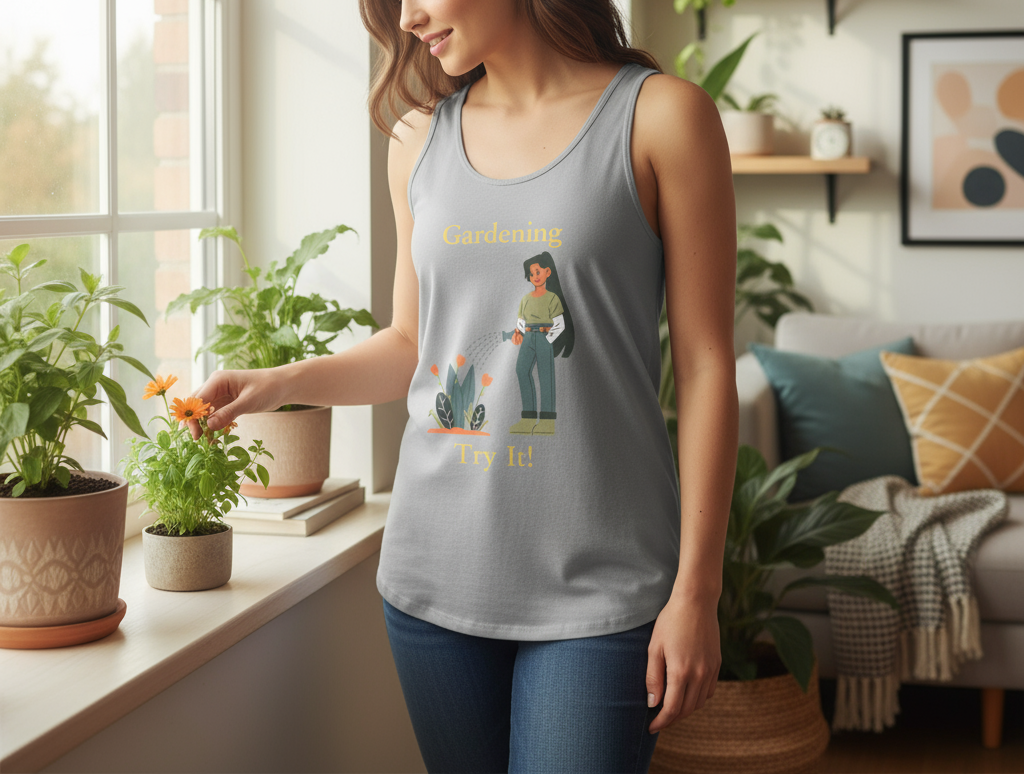 Gray tank top with a graphic of a person gardening and text on a white background
