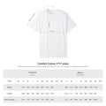 White t-shirt with measurement chart on a white background