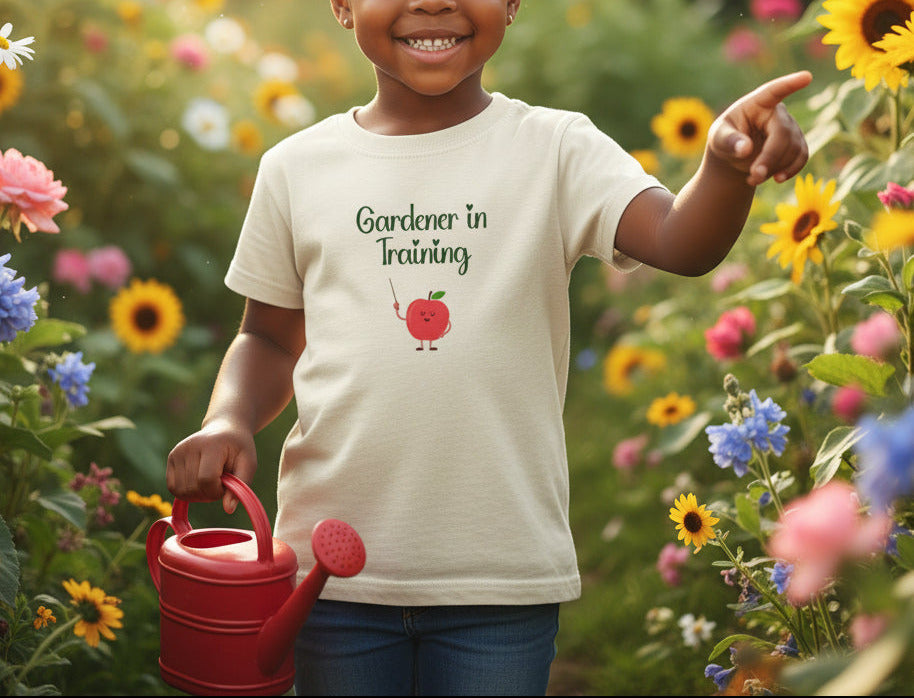 White t-shirt with 'Gardener in Training' text and tomato graphic on a light gray background