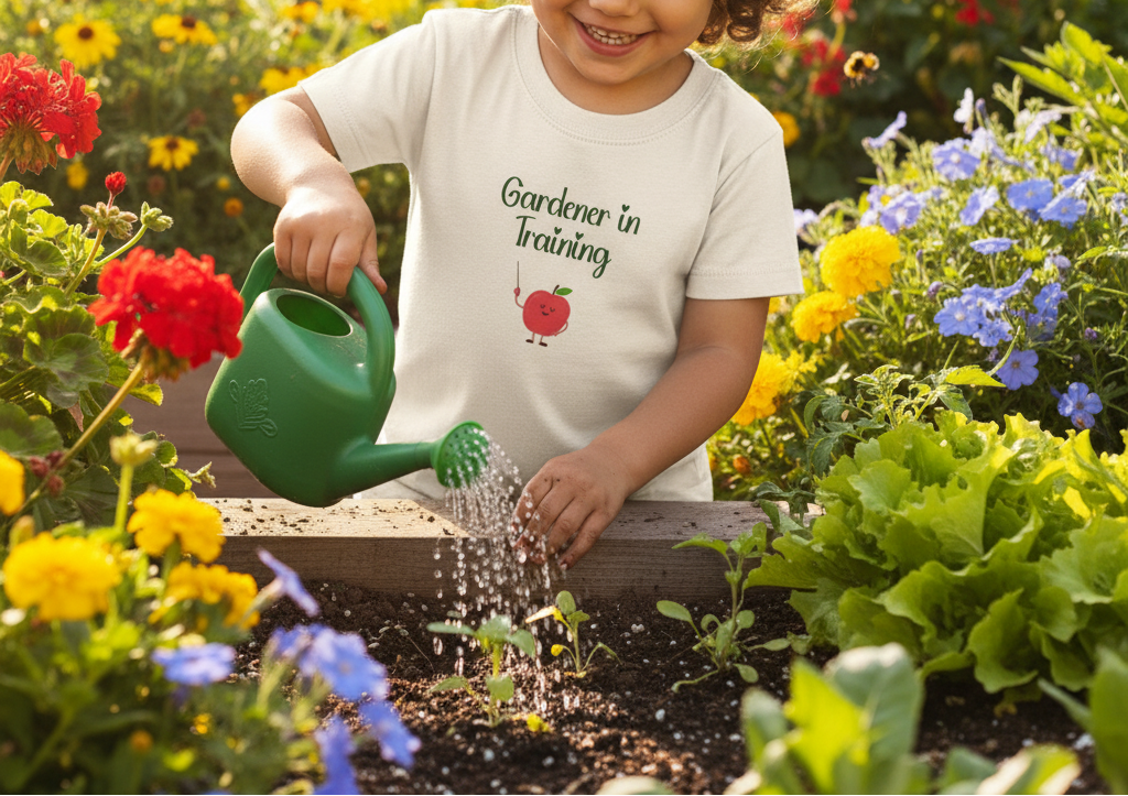 Child watering plants in a garden with a 'Gardener in Training' shirt.