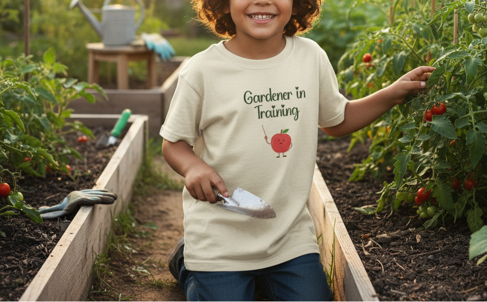 Child in a garden wearing a t-shirt with 'Gardener in Training' text and tomato graphic.