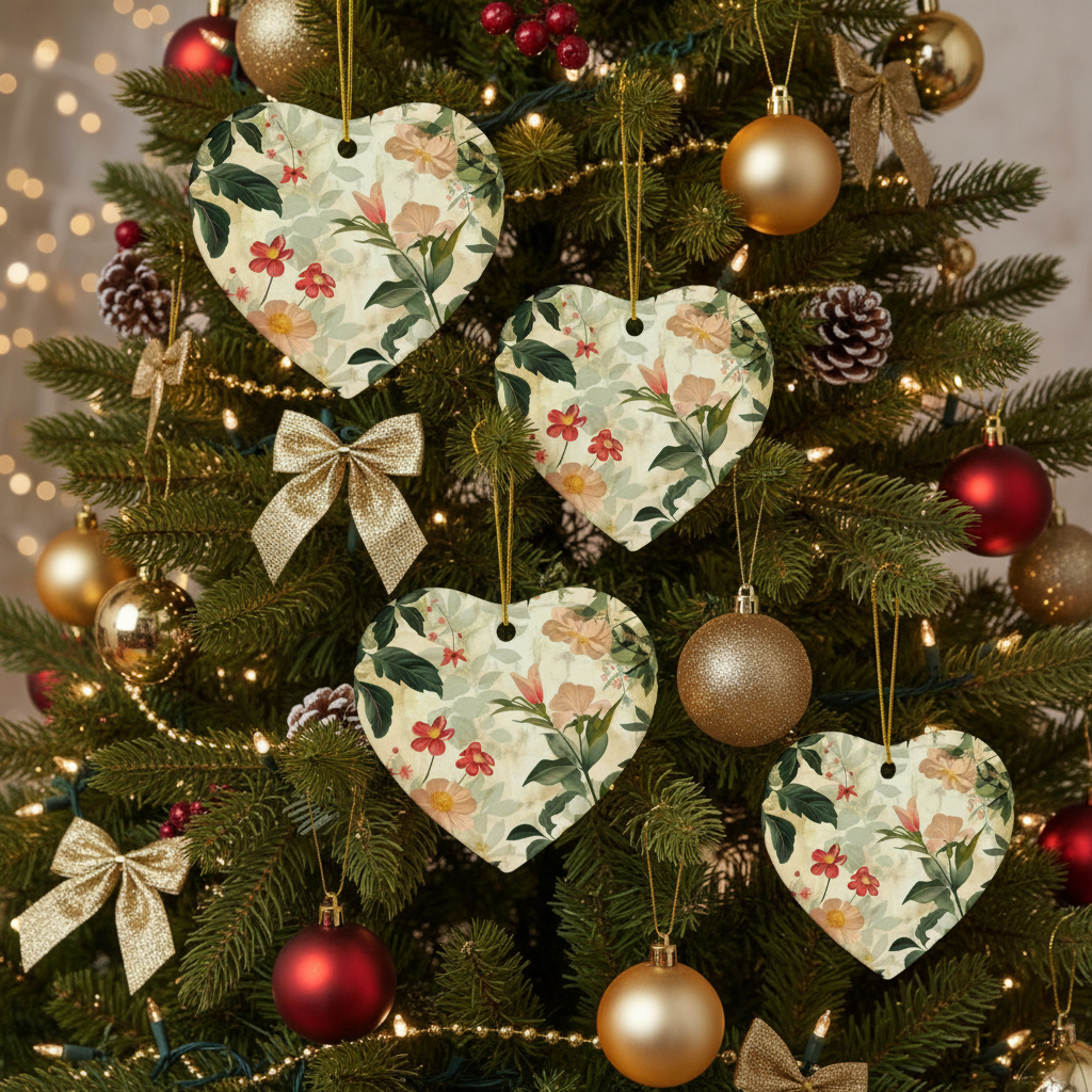 Decorative Christmas tree with floral heart ornaments and colorful baubles.