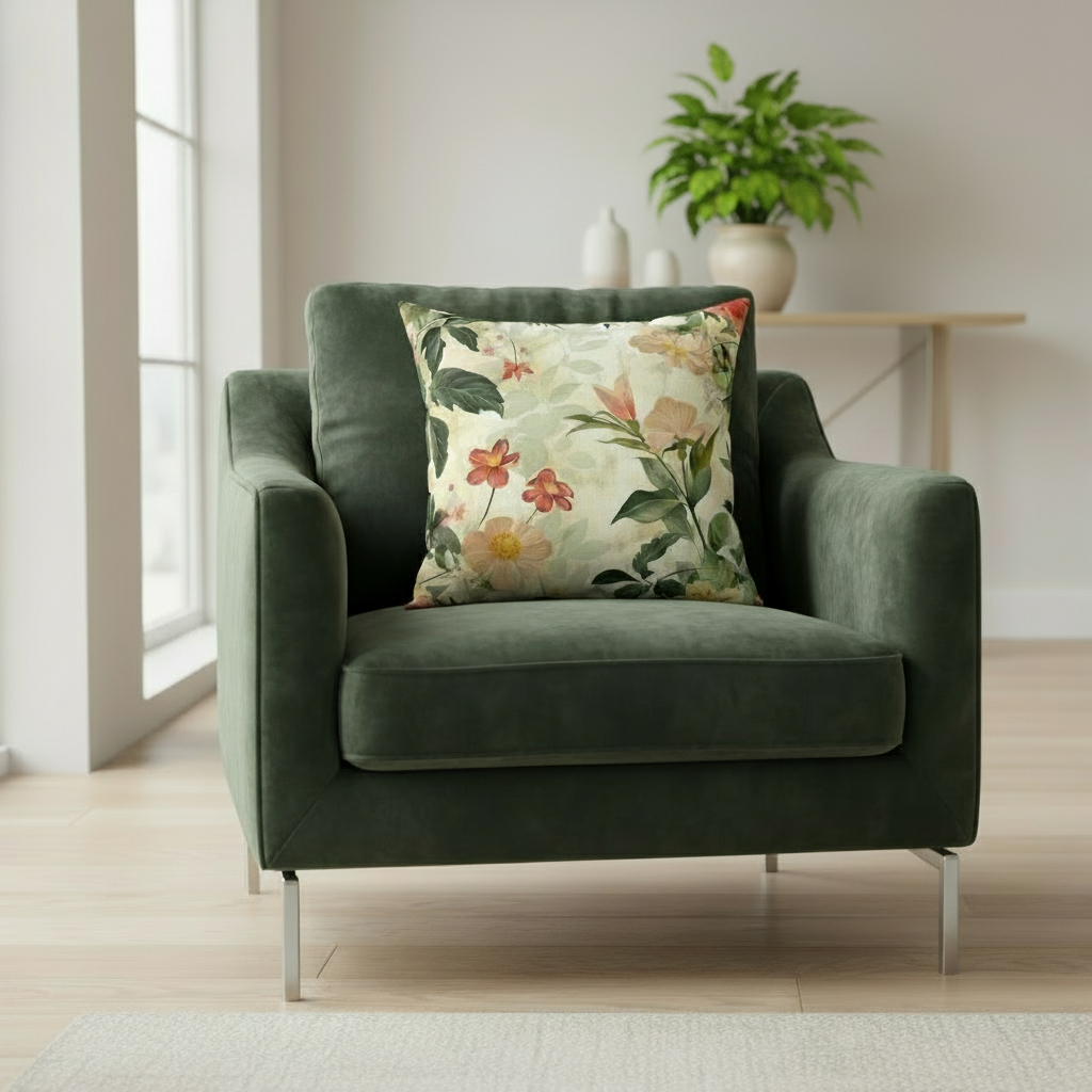 Green armchair with a floral pillow in a room with light-colored walls and wooden floor.