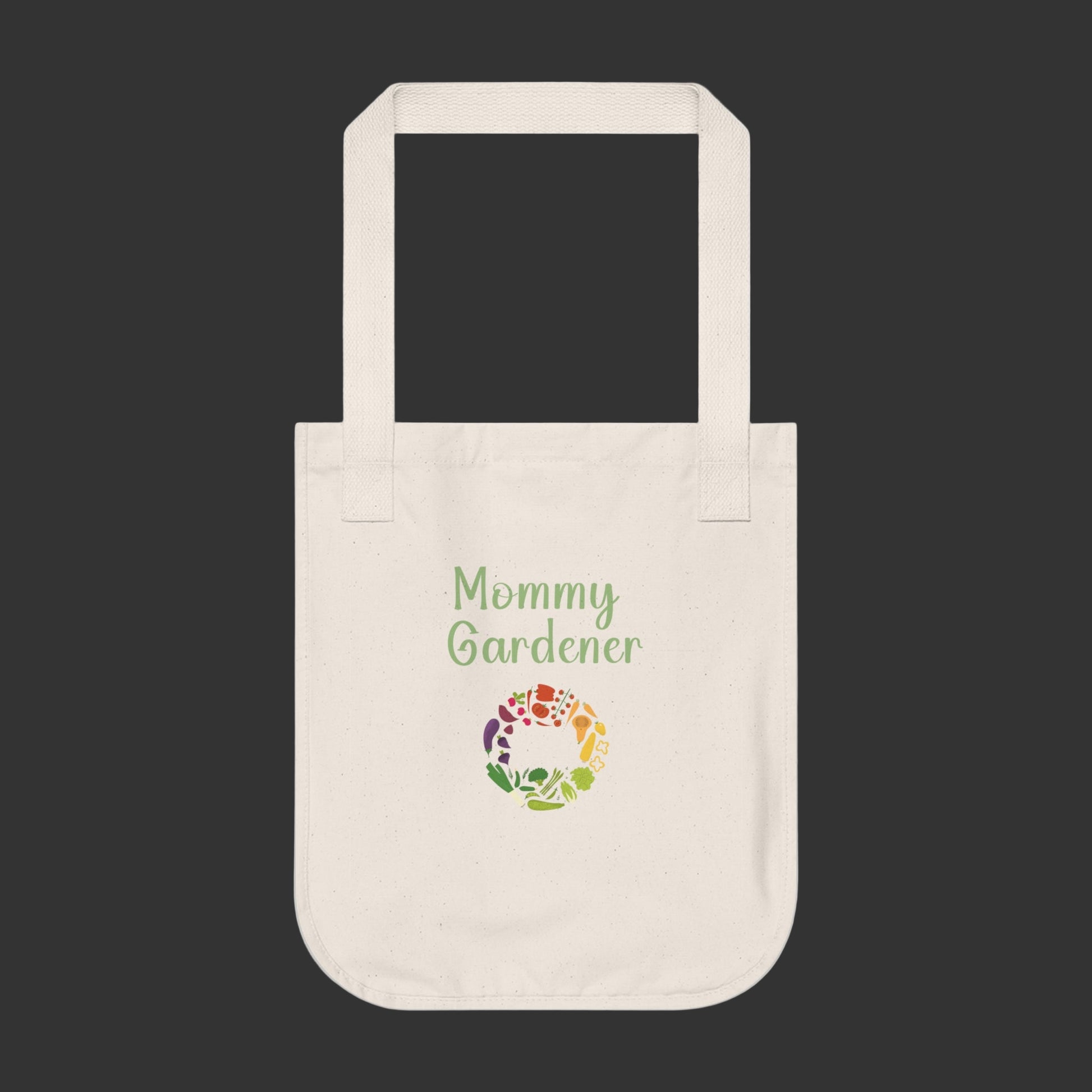 Beige tote bag with 'Mommy Gardener' text and floral design on a white background