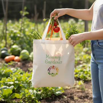 Person holding a tote bag with vegetables in a garden setting, featuring 'Mommy Gardener' branding.