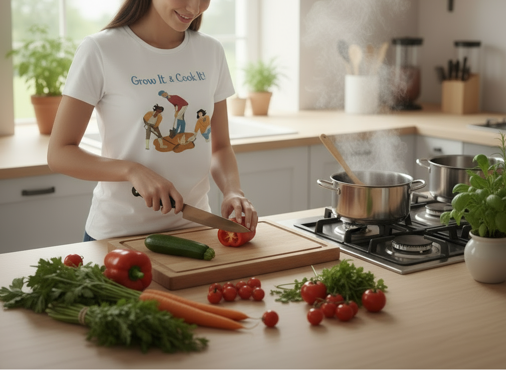 Person preparing vegetables in a kitchen wearing a t-shirt with a gardening graphic.