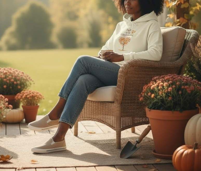Person sitting on a chair outdoors with potted plants and pumpkins around