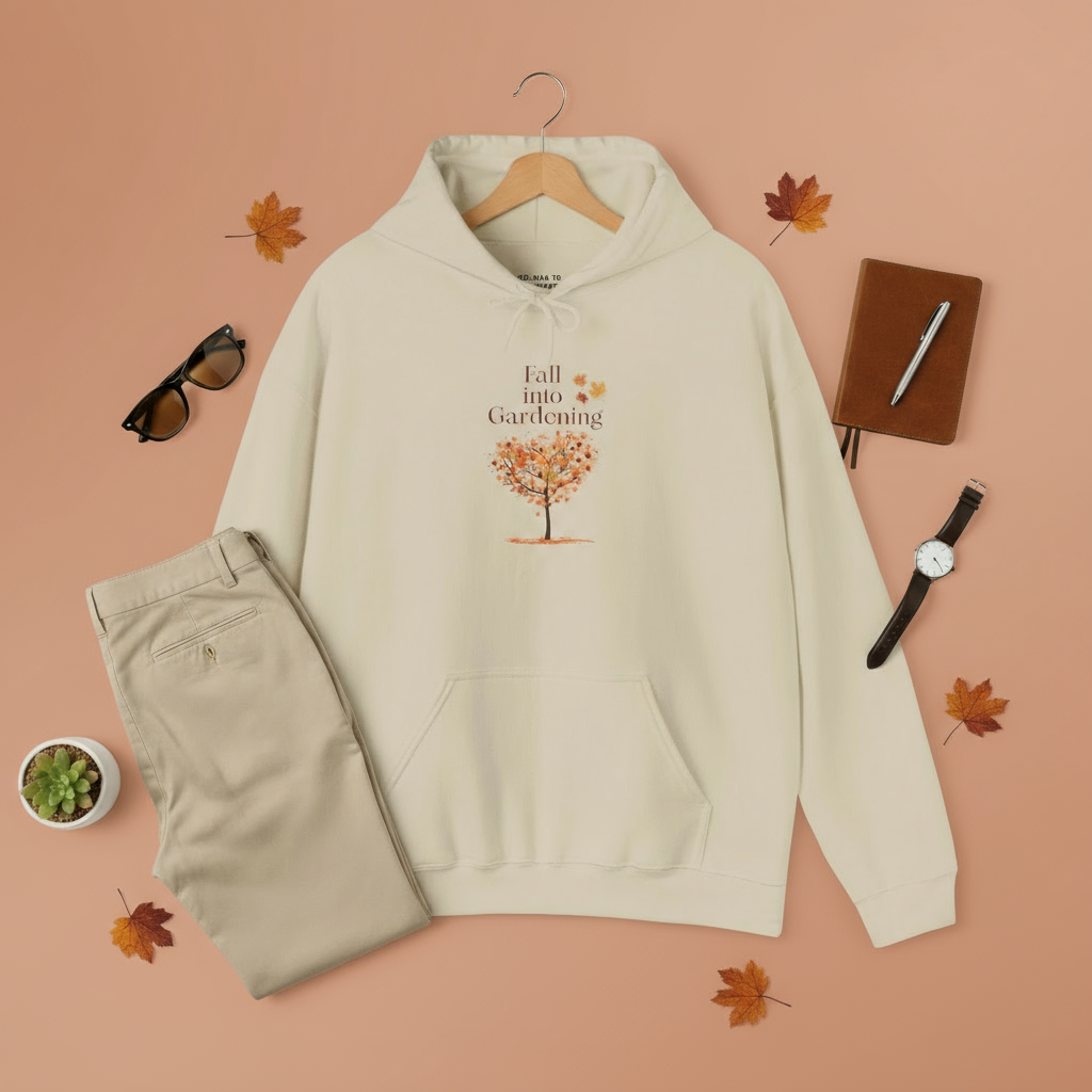 Beige hoodie with 'Fall into Gardening' design on a peach background with accessories.