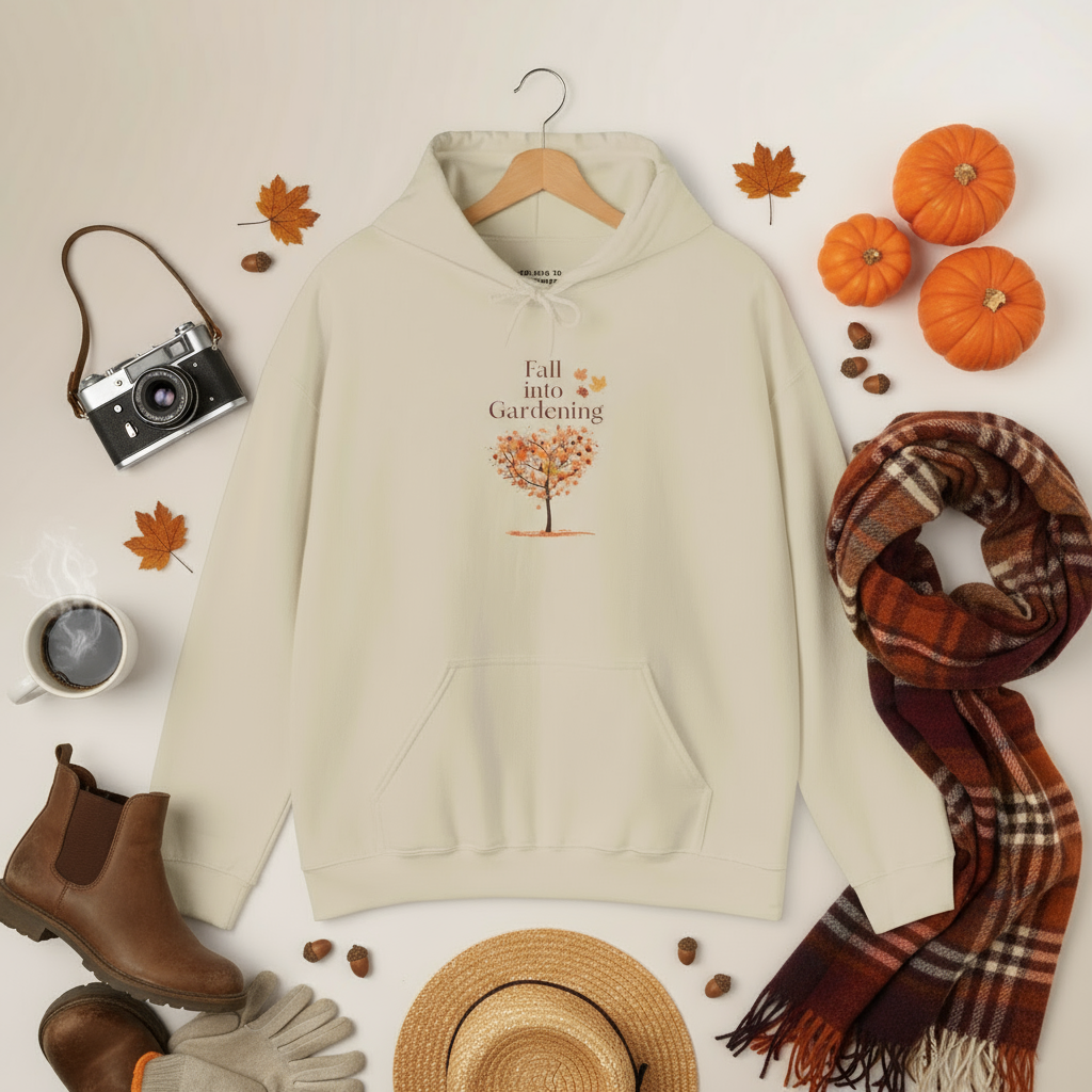 Beige hoodie with 'Fall into Gardening' design, pants, sunglasses, notebook, and watch on a light background.