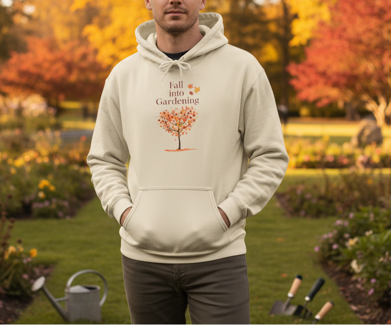 Person wearing a hoodie with 'Fall into Gardening' text and tree graphic in an autumn garden setting.