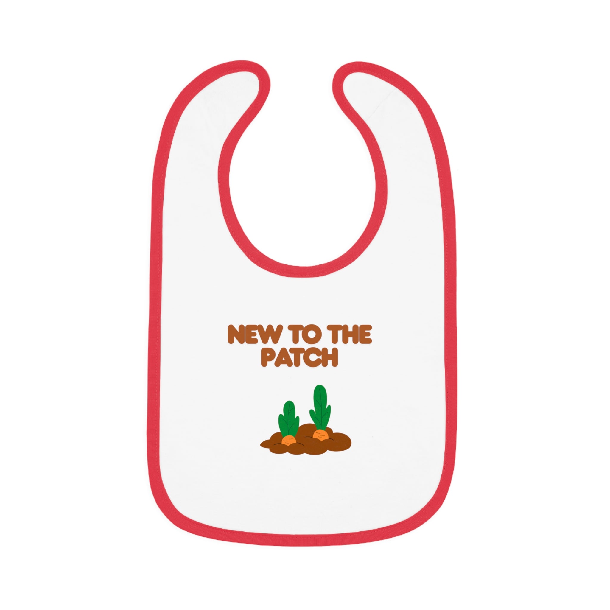 Baby bib with 'New to the Patch' text and cactus design on a white background
