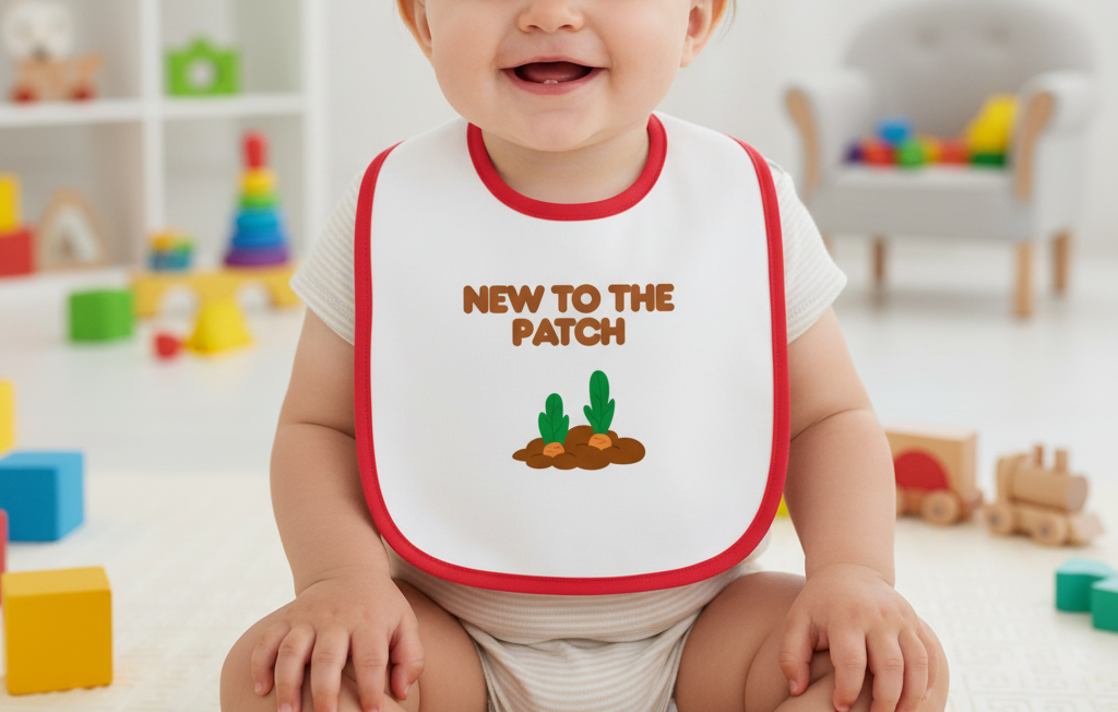 Child wearing a bib with 'New to the Patch' text and cactus graphic in a playroom setting.