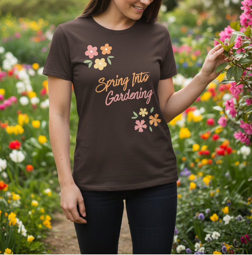 Brown t-shirt with 'Spring Into Gardening' text and floral designs on a white background