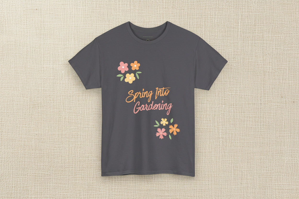 Green t-shirt with 'Spring Into Gardening' text and floral designs on a white background