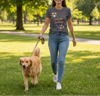 Woman walking a dog in a park wearing a t-shirt with floral designs and text.