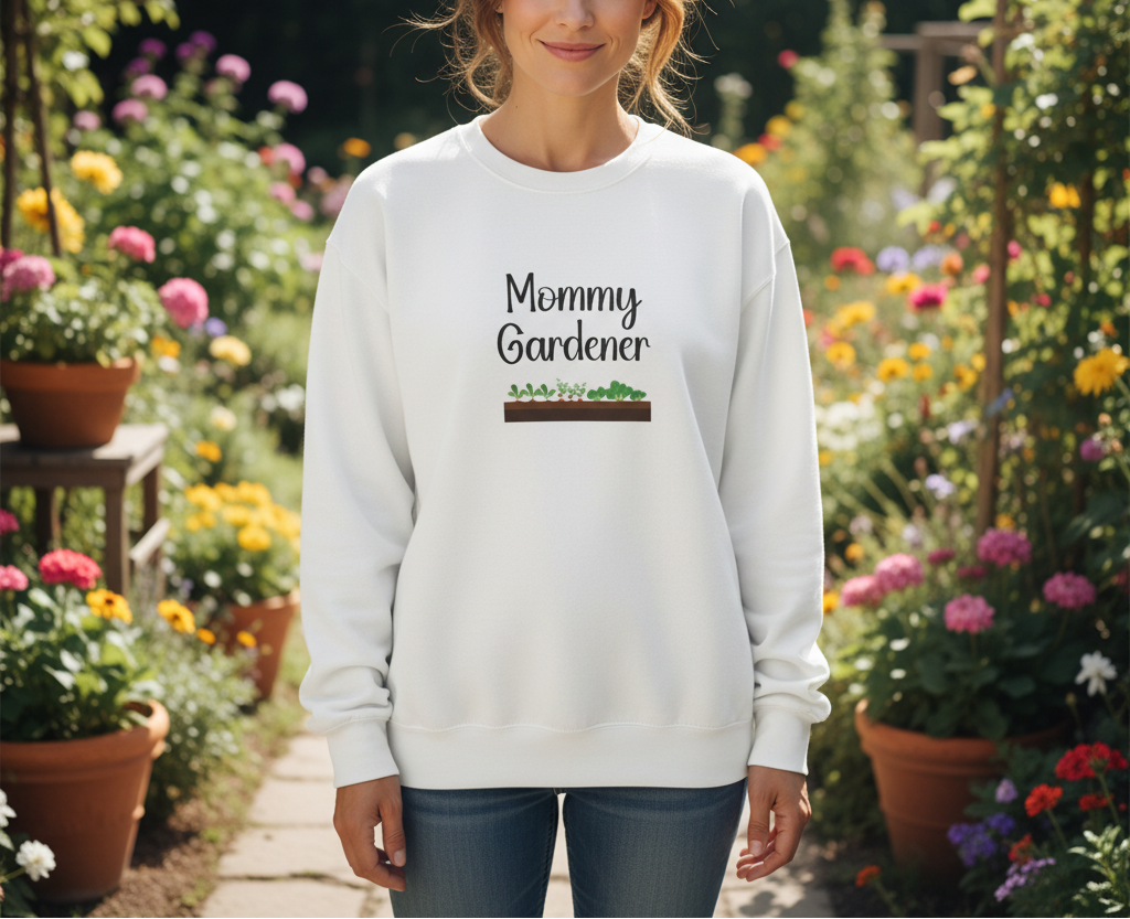 Person wearing a white sweatshirt with 'Mommy Gardener' text in a garden setting