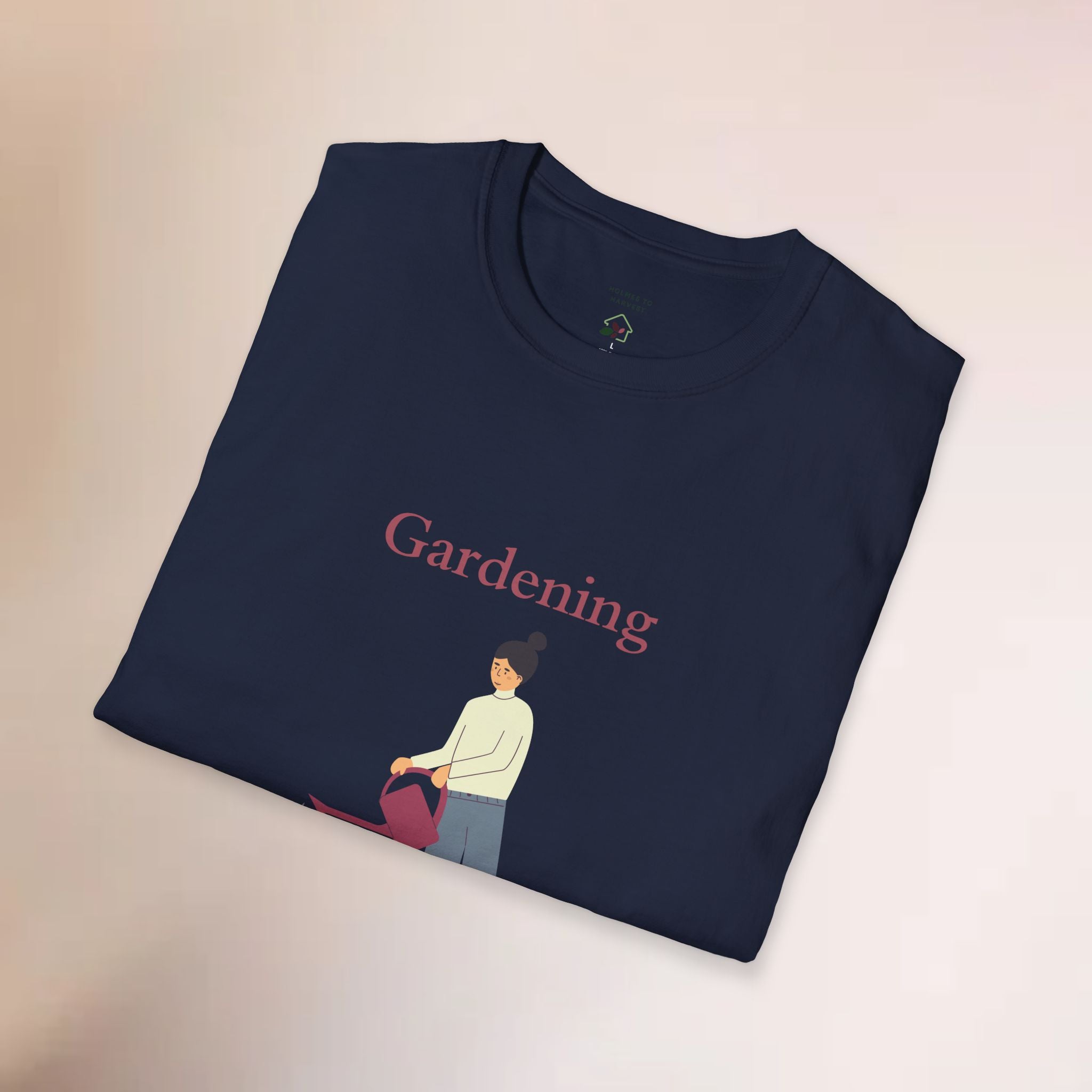 Navy blue t-shirt with 'Gardening' text and graphic of a person gardening on a beige background