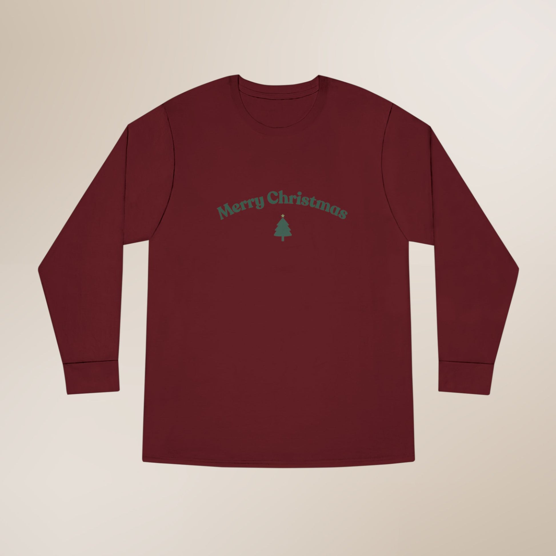 Maroon long-sleeve shirt with 'Merry Christmas' text and tree on a beige background
