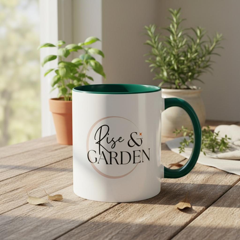 White mug with green interior and handle on a wooden table with plants in the background
