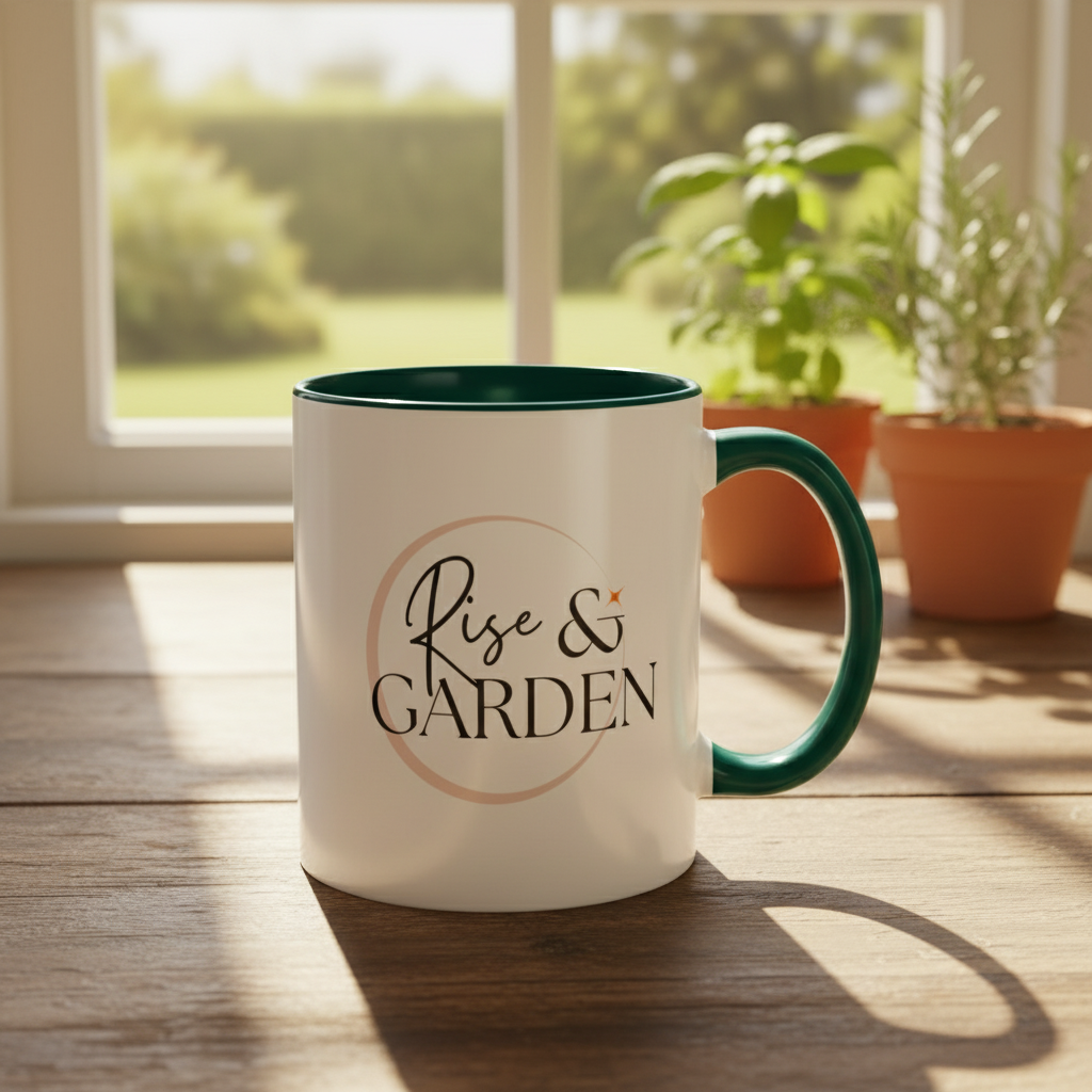 Mug with 'Rise & Garden' text on a wooden table with plants in the background